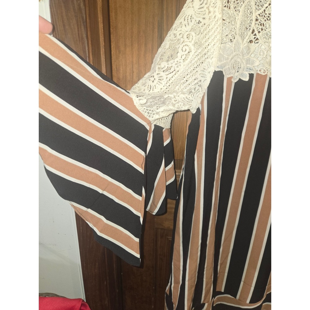 Umgee Boho Lace Yoke Striped Bell Sleeve Ruffle Mini Dress L5090 Large Black Tan - Picture 4 of 6